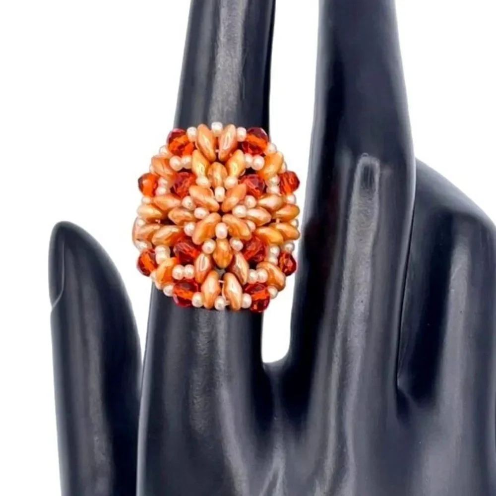 Caramel Brown and Orange Crystal Beaded Statement Ring Size 7